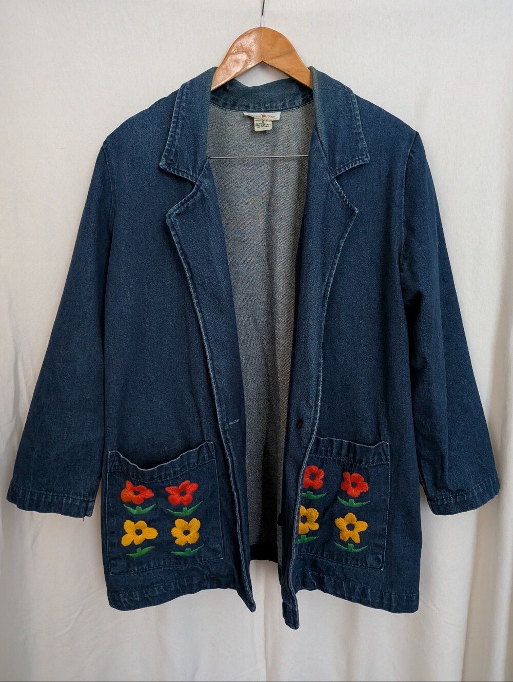 Embroidered Floral Denim Jacket - Dark Blue